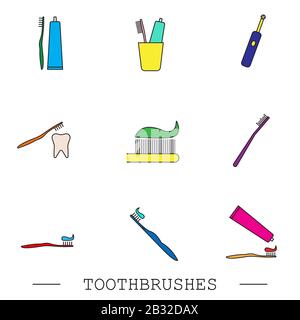 Symbol für Zahnbürste eingestellt. Zahnreinigung. Elektrische oder konventionelle Zahnbürsten. Symbol mit bearbeitbarer Kontur. Sammlung von Farbsymbolen. Zahnbürste ic Stock Vektor
