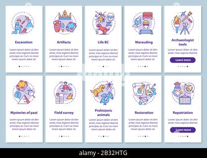 Bildschirm der mobilen App "Archaeology Onboarding" mit linearen Konzepten. Suche und Schutz von fossilen Artefakten Schrittgrafik Stock Vektor