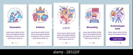 Archaeology Onboarding Mobile App Page Screen mit linearen Konzepten. Baggern und Konservieren von Artefakten Anleitung für die Schritte in der Grafik. UX, UI Stock Vektor