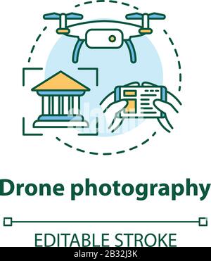 Symbol für das Konzept der Dron-Fotografie. Quad Copter mit Kamera-Spionage im Haus. Aufnahme historischer Objekte aus ungewöhnlicher, dünner Linienabbildung Stock Vektor