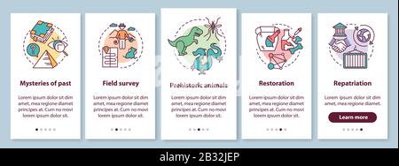 Archaeology Onboarding Mobile App Page Screen mit linearen Konzepten. Geheimnisse der Vergangenheit bei der Untersuchung von grafischen Anweisungen zu Durchgängen. UX, UI, GUI Stock Vektor