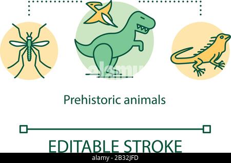 Symbol für das Konzept prähistorischer Tiere. Alte Reptilien und Insekten. Extinct Representatives of fauna. Evolution Theory Idea Thin Line Illustration. Vektor Stock Vektor