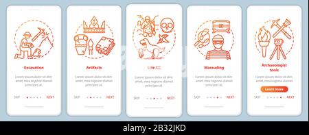 Bildschirmvektorvorlage für die mobile App "Archaeology Onboarding". Ausgraben und Konservieren von Artefakten. Schritte der Website mit linearen Abbildungen durchgehen Stock Vektor