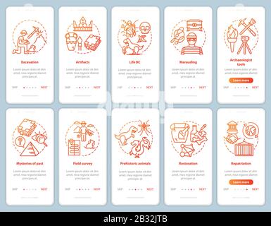 Archaeology Onboarding Mobile App Screen Vector Template Set. Suche und Schutz von fossilen Artefakten. Schritte auf der Website mit Linear durchgehen Stock Vektor