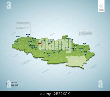 Stilisierte Karte Serbiens. Isometrische 3D-Grünkarte mit Städten, Grenzen, Hauptstadt Belgrad, Regionen. Vektorgrafiken. Editierbare Ebenen, die deutlich beschriftet sind. Stock Vektor