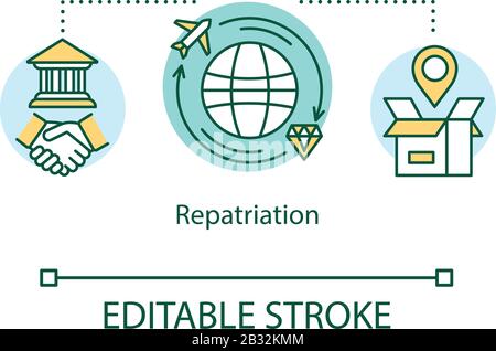Symbol für Rückführungskonzept. Rückgabe des kulturellen Eigentums an das Herkunftsland. Lieferung wertvoller Waren rund um die Welt Idee Thin Line Illustration Stock Vektor