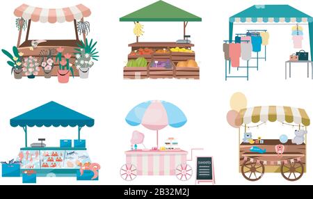 Market Stalls Flat Vector Illustrations Set. Faire, lustige Handelszelte, Kioske und Wagen im Freien. Straßeneinkaufsstellen Cartoon-Konzepte. Sommer Stock Vektor