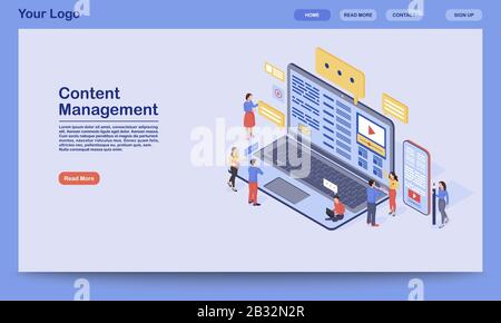 Vorlage für Zielseiten für das Content Management. Digital Inbound Marketing Website Interface Idee mit flacher Illustration. SMM, Medienwerbung Stock Vektor