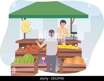 Obst- und Gemüsemarkt mit Verkäufer-Flachdarstellung. Der Mann kauft im Handelszelt mit Holzkisten Agrarprodukte, ökologische und organische Lebensmittel Stock Vektor