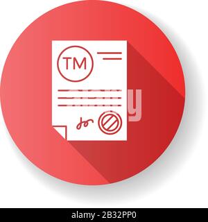 Markenzertifikat rotes flaches Design langes Schatten-Glyph-Symbol. Zertifizierungszeichen. Lizenz für geistiges Eigentum. Markenregistrierung. Rechtliches Papier Stock Vektor