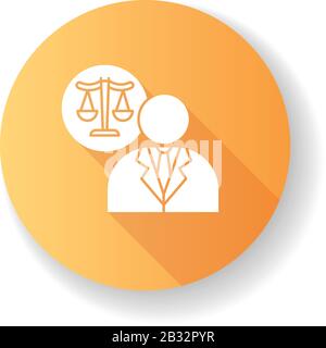 Anwältin Orange flaches Design mit langer Schatten-Glyphe. Rechtsanwalt. Fürsprecher. Rechtsvertreter. Gerichtsgebäude. Legislative, Strafverfolgung. Gerechtigkeit. Legal Stock Vektor