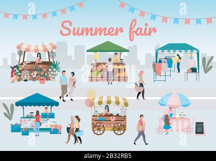 Sommerliche flache Vektorgrafiken. Außenmarktstände, Handelszelte mit Werbeschrift. Blumen, Bauern Lebensmittel und Produkte Stock Vektor