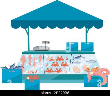 Fisch und Meeresfrüchte Markt Stall Flat Illustration. Frische Meeresfrüchte im Eishandelszelt, Fischzähler. Fairer, sommerlicher Marktstand. Lokale Fischmarkt Outdoor-Straße Stock Vektor
