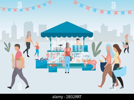 Straßenfischmarkt - flache Abbildung. Die Leute gehen auf der Sommermesse, im Freien Marktstand mit Fisch und Meeresfrüchten. Zelt für frischen Lebensmittelhandel, Fischzähler. Kunden Stock Vektor