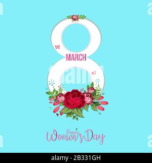 Glückwunschkarte für den Frauentag. Postkarte am 8. März. Text mit Blumen Stock Vektor