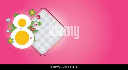 Karte für den 8. März Frauentag. Abstrakter Hintergrund mit Text und Blumen.Vektorgrafiken Stock Vektor