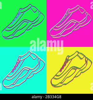 Vektorsymbol für Sneakers. Helle Neon Linearschuhe auf pinkfarbenem grün-blauem und gelbem Hintergrund.Einfache Abbildung von Fitness und Sport, Sportschuh. Stock Vektor