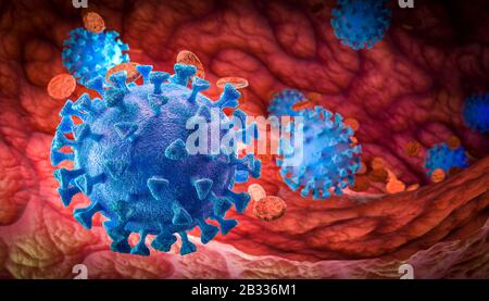 Visualisierung 3D-Darstellung von Coronavirus: Konzept von Gesundheit, Grippe, Virologie und Infektionen im Allgemeinen. Stockfoto