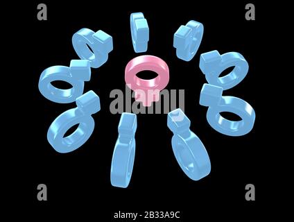 Ein rosafarbenes Frauensymbol, das von männlichen Symbolen umgeben ist und die alle auf einen dunklen Studiohintergrund zeigen - 3D-Rendering Stockfoto