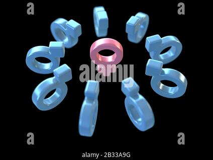 Ein rosafarbenes Frauensymbol, das von männlichen Symbolen umgeben ist und die alle auf einen dunklen Studiohintergrund zeigen - 3D-Rendering Stockfoto