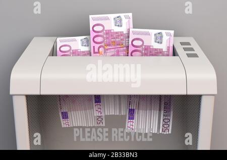 Ein regelmäßiger Aktenvernichter im Büro, der drei Euro-Banknoten auf isoliertem Hintergrund zerfetzt - 3D-Rendering Stockfoto