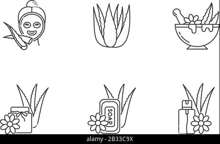 Die perfekten linearen Symbole für die Pixel von "Aloe vera" sind festgelegt. Feuchtigkeitsspendende Gesichtsmaske. Natürliche Spa-Behandlung. Anpassbare Kontursymbole mit dünnen Linien. Isolierter Vektor Stock Vektor