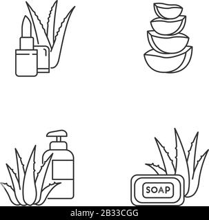 Die perfekten linearen Symbole für die Pixel von "Aloe vera" sind festgelegt. Badeprodukte mit organischen Zutaten. Natürlicher Lippenbalsam. Anpassbare Kontursymbole mit dünnen Linien Stock Vektor