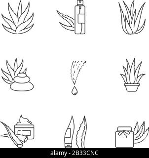 Die perfekten linearen Symbole für die Pixel von "Aloe vera" sind festgelegt. Organisches kosmetisches Spray. Spa-Behandlung mit Heilkräutern. Anpassbare Kontursymbole mit dünnen Linien Stock Vektor