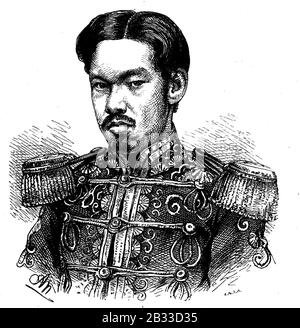 Kaiser Meiji, 3. November, vom 30. Juli 1912), oder Meiji der Große, Mutsuhito, war der 122. Kaiser von Japan gemäß der traditionellen Reihenfolge der Thronfolge, der vom 3. Februar bis zu seinem Tod am 30. Juli 1912 herrschte / Kaiser Meiji, 3. November 1852 - 30. Juli 1912-) oder Meiji der große, Mutsuhito, Krieg der 122. Kaiser Japans gemäß der traditionellen Reihenfolgen der Nachfolgen, die vom 3. Am 30. Februar bis zum 30. September. Juli 1912 regierte, historisch, digital verbesserte Wiedergabe eines Originals aus dem 19. Jahrhundert / Digitale Produktion einer Originalanlage aus dem 19. Jahrhundert Stockfoto