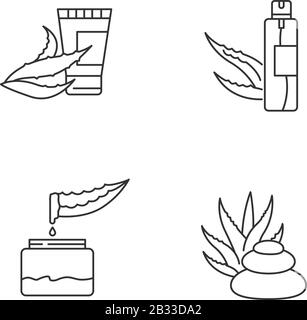 Die perfekten linearen Symbole für die Pixel von "Aloe vera" sind festgelegt. Pflanzliche Creme. Haarspray. Kosmetische Produkte. Anpassbare Kontursymbole mit dünnen Linien. Isolierter Vektor Stock Vektor