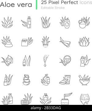 Die perfekten linearen Symbole für die Pixel von "Aloe vera" sind festgelegt. Natürliche Kosmetik und Dermatologie. Heilkräuter. Anpassbare Kontursymbole mit dünnen Linien. Isolierter Vektor Stock Vektor