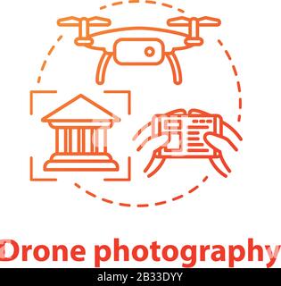 Symbol für das Konzept der Dron-Fotografie. Quad Copter mit Kamera-Spionage im Haus. Aufnehmen historischer Objekte aus ungewöhnlichem Winkel. Vektor isoliert Umriss RGB Stock Vektor