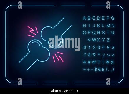 Symbol für Neon-Licht mit Gelenkschmerzen. Knieverletzung. Handgelenktrauma. Angespannter Muskel. Arthritis, Arthrose. Ligament-Spasmus. Leuchtendes Zeichen mit Alphabet, Zahlen Stock Vektor