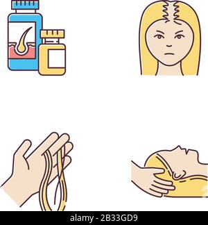 RGB-Farbsymbole für Haarausfall festgelegt. Weibliche Kahlheit. Behandlung mit Alopezie. Frau mit dünner Behaarung. Haarsträhnen an der Hand. Physiotherapie, Vitamin Stock Vektor
