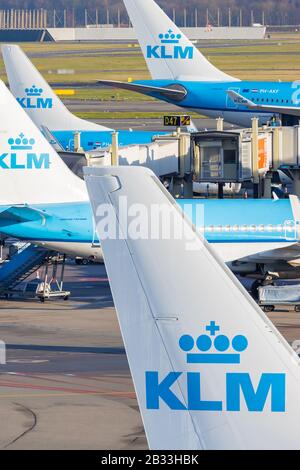 Schiphol, Niederlande - 16. Januar 2020: Hintere Flugzeugflügel der niederländischen Fluggesellschaft KLM/Royal Dutch Airlines auf dem Flughafen Schiphol, Niederlande Stockfoto