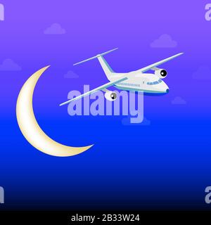 Weißes Passagierflugzeug, das in der Nacht unter den Wolken fliegt. Dunkelblauer Hintergrund. Stock Vektor