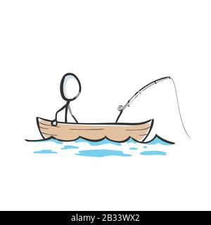 Mann, der im Boot auf See angeln kann. Angelrute im Meer. Hand gezogen. Stickiger Zeichentrickfilm. Doodle Skizze, Vector Graphic Illustration Stock Vektor