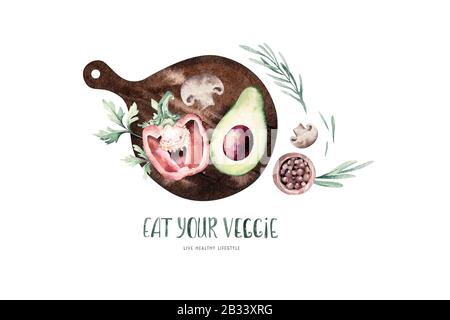 Gemüse gesunde organische Aquarell Holz Schneidebrett mit Paprika, Lauch, Zwiebeln und Avocado vitamin Rosmarin Abbildung. Isolierte Salat ein Stockfoto