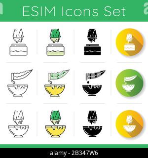 Set mit Aloe vera Symbolen. Saftiger Dorn mit Flüssigkeit. Geschnittener Kaktus für kosmetische Inhaltsstoffe. Dermatologie, Gesundheitswesen. Heilkraut. Linear, schwarz und Stock Vektor