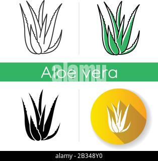 Symbol "Aloe vera". Saftig wachsende Sprossen. Kakteenblätter und Dornen. Heilkraut für Hautpflege. Dekorative Pflanze. Lineare schwarze und RGB-Farbstile Stock Vektor