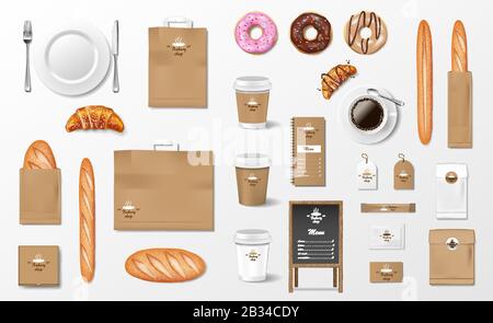 Spott für Bakery Shop, Café, Restaurant Markenidentität. Realistisches Bakery-Paket verpacken Becher, Packung, Baguette, Croissant, Papiertasche, gebackenes Brot und Stock Vektor