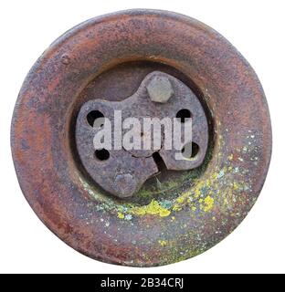 Robuster, robuster, solider Eisenstab von einem Retro-Traktor mit gelben Flechten . Isoliert auf einem stark vereinfachten Objekt mit weißen natürlichen Farben Stockfoto