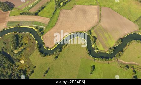 , Wiesen und Felder von Lippe am Bergkamen, 02.09.2012; Luftbild, Deutschland, Nordrhein-Westfalen, Ruhrgebiet, Bergkamen Stockfoto