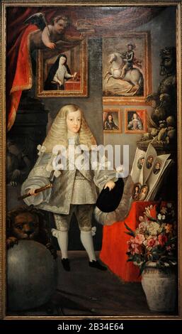 Carlos II (1661-1700). König von Spanien. Karl II. Kleinkind mit seinen Vorfahren, ca. 1667. Porträt von Sebastian de Herrera Barnuevo (1619-1671). Lazaro Galdiano Museum. Madrid. Spanien. Stockfoto