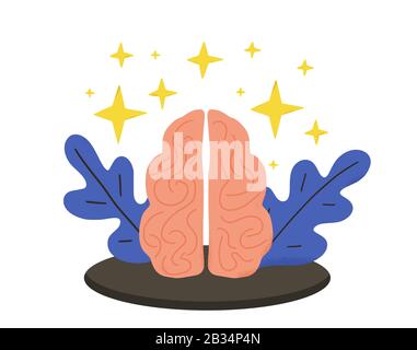 Menschliches Gehirn mit Dekorationsemblem isoliert auf weißem Hintergrund. Psychische Gesundheit. Psychologische Fragen. Symbol für Denken und Brainstorming. Vektorfarbe Stock Vektor