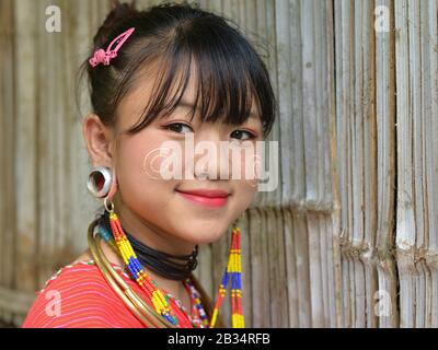 Hübsches Kayaw (Kayor) Teenager-Mädchen mit traditionellen burmesischen Thanaka Gesicht Kosmetik auf ihren Wangen und markante Tribal-Ohrenstöpsel für die Kamera. Stockfoto