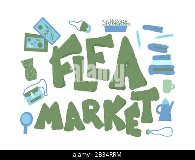 Flohmarkt-Emblem. Stilisierter Text und handgezeichnete Dekoration. Vektorgrafiken. Stock Vektor