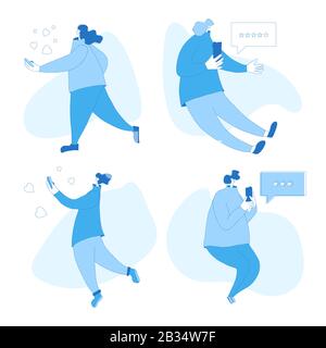 Weibliche Personen, die ihr Telefon zum Versenden einer Nachricht verwenden. Junge Leute, die mit ihrem Smartphone kichern. Frau, die eine Nachricht auf der Internet-Sammlung isol liest Stock Vektor