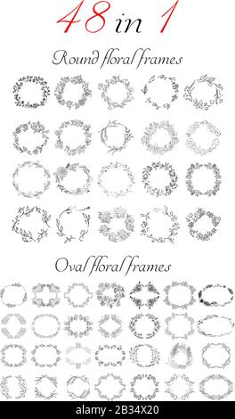 Große Sammlung von 20 runden und ovalen Blumenrahmen. Große botanische Blumen, isoliert auf weißem Hintergrund. Handgezeichnete Vektorgrafik Stock Vektor