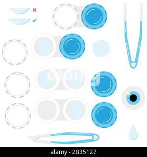 Kontaktlinsen mit Tasche, Pinzette mit Kontaktlinse, Auge, Fallsymbol Vektor isoliert auf weißem Hintergrund. Stock Vektor